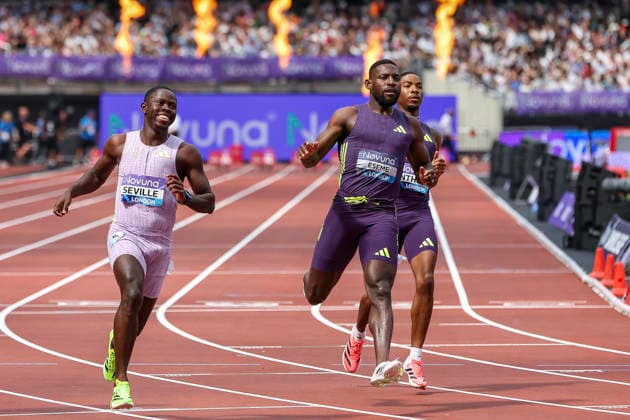 2026 Wanda Diamond League - Novuna London Athletics Meet Oblique Seville of Jamaica smiles as he wins the men s 100m event during the Wanda Diamond League meeting at the London Stadium in Stratford, London, United Kingdom. United Kingdom  Copyright: xMIxNewsx originalFilename:fletcher-wandadua260718_npStx.jpg