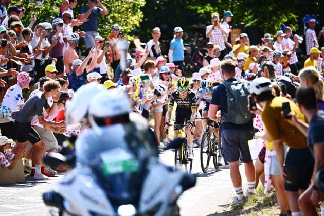 The pack of riders pictured in action during stage 14 of the 2026 Tour de France cycling race, a stage of 155km from Mulhouse to Le Markstein Fellering, on Saturday 18 July 2026. The 113th edition of the Tour de France starts on Saturday 4 July in Barcelona, Spain, and will finish in Paris, France on the 26th of July. POOLxGREGORYxVANxGANSEN  x181428257x
