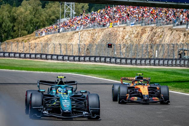 Formula One GP Spa Francorchamps, Belgium. Saturday, July 18, 2026 Fernando Alonso 14, Aston Martin Aramco Formula One Team and Lando Norris 1, McLaren Mastercard F1 Team; Formula One GP Spa Francorchamps, Belgium. Saturday, July 18, 2026 *** Formula One Grand Prix at Spa-Francorchamps, Belgium, Saturday, July 18, 2026: Fernando Alonso (No. 14), Aston Martin Aramco Formula One Team, and Lando Norris (No. 1), McLaren Mastercard F1 Team; Formula One Grand Prix at Spa-Francorchamps, Belgium, Saturday, July 18, 2026 Copyright: xBEAUTIFULxSPORTS Erlhofx