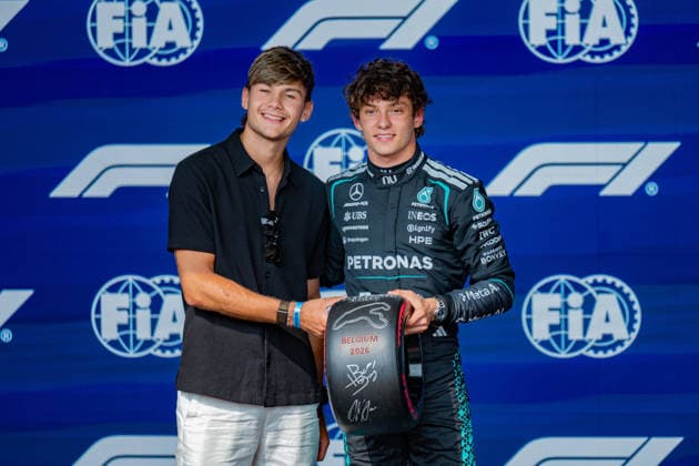 Formula One GP Spa Francorchamps, Belgium. Saturday, July 18, 2026 Barry Baltus and Andrea Kimi Antonelli 12, Mercedes-AMG Petronas F1 Team; Formula One GP Spa Francorchamps, Belgium. Saturday, July 18, 2026 *** Formula One Grand Prix at Spa-Francorchamps, Belgium, Saturday, July 18, 2026, Barry Baltus and Andrea Kimi Antonelli 12, Mercedes AMG Petronas F1 Team, Formula One Grand Prix at Spa-Francorchamps, Belgium, Saturday, July 18, 2026 Copyright: xBEAUTIFULxSPORTS Erlhofx