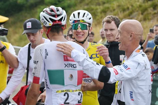 Mexican Isaac Del Toro of UAE Team Emirates XRG and Slovenian Tadej Pogacar of UAE Team Emirates XRG are pictured after stage 14 of the 2026 Tour de France cycling race, a stage of 155km from Mulhouse to Le Markstein Fellering, on Saturday 18 July 2026. The 113th edition of the Tour de France starts on Saturday 4 July in Barcelona, Spain, and will finish in Paris, France on the 26th of July. DAVIDxPINTENS  x181428364x