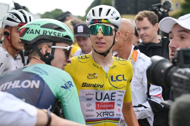 French Paul Seixas of Decathlon CMA CGM Team and Slovenian Tadej Pogacar of UAE Team Emirates XRG are pictured after stage 14 of the 2026 Tour de France cycling race, a stage of 155km from Mulhouse to Le Markstein Fellering, on Saturday 18 July 2026. The 113th edition of the Tour de France starts on Saturday 4 July in Barcelona, Spain, and will finish in Paris, France on the 26th of July. DAVIDxPINTENS  x181428541x