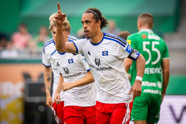 Sport Bilder des Tages RAPID WIEN - HABMURGER SV Yussuf Poulsen of HSV celebrates a goal during the pre season friendly football match between SC Rapid Vienna and Hamburger SV at the Allianz Stadion. Vienna, Austria, July 18, 2026. Photo by Branislav Racko Copyright: xx 080A9221