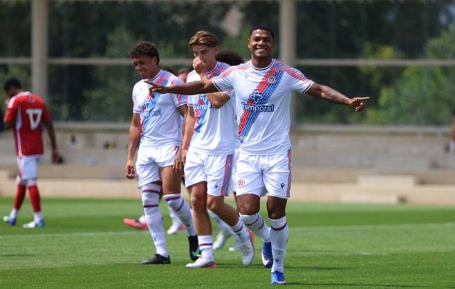 Pre Season Friendly - Crystal Palace v Swindon Town LONDON, ENGLAND, JULY 18: GOAL 4-1, Matheus Franca of Crystal Palace goal celebration after scoring a goal to put Crystal Palace 4-1 ahead during the Pre Season Friendly match between Crystal Palace FC v Swindon Town FC at Crystal Palace Training Ground, Beckenham, London, on 18 July. (Photo by Daniel Weir) London Crystal Palace Training Ground United Kingdom Copyright: xDanielxWeir SportsxPressxPhotox Sportspressphoto_SPR192605