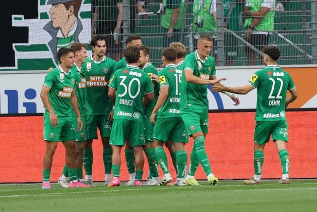 18.July.2026 – SOCCER – FRIENDLY TEST GAME(MEN) - Rapid Wien (Austria) vs HSV (Germany) Jonas Auer (Rapid Wien) celebrates his team s second goal VIENNA VIENNA, AUSTRIA – Allianz Stadion SK Rapid Wien Allianz Stadion AUSTRIA