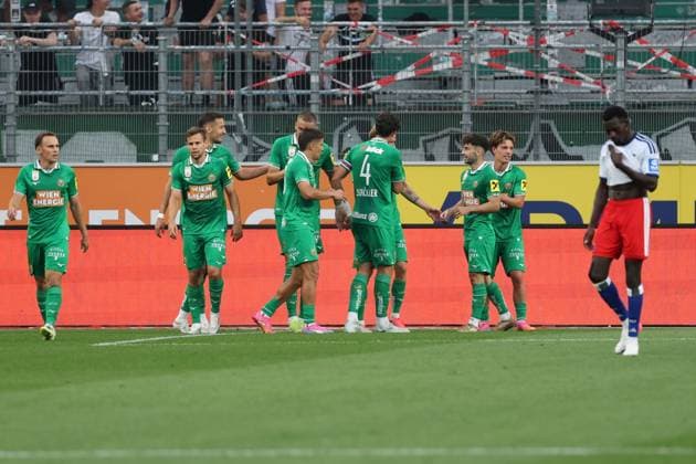 18.July.2026 – SOCCER – FRIENDLY TEST GAME(MEN) - Rapid Wien (Austria) vs HSV (Germany) Jonas Auer (Rapid Wien) celebrates his team s second goal VIENNA VIENNA, AUSTRIA – Allianz Stadion SK Rapid Wien Allianz Stadion AUSTRIA