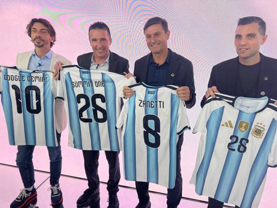 Former soccer player Javier Zanetti (2R), AFA Marketing Director Leandro Petersen (R), and Google LATAM Head of Marketing Ramiro Sanchez (L) pose with the Argentina jersey during an event in New York, USA 18 July 2026. Zanetti, a legend of the Argentine national team, Nationalteam stated that he is experiencing the hours leading up to the World Cup final with great excitement and a heart that tells him, I hope Argentina wins. Javier Zanetti: My heart tells me I hope Argentina wins. !ACHTUNG: NUR REDAKTIONELLE NUTZUNG!  Copyright: xAndreaxMontolivox AME553 20260718-55020931814_1