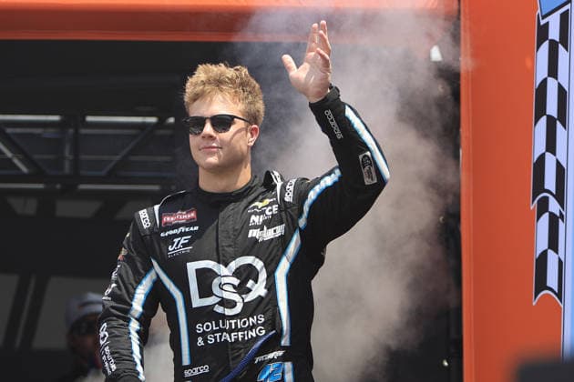 NORTH WILKESBORO, NC - JULY 18: Tyler Reif ( 42 Niece Motorsports DQS Solutions & Staffing Chevrolet) waves to the fans prior to the running of the NASCAR, Motorsport, USA Craftsman Truck Series FaithFest 250 on July 18, 2026 at North Wilkesboro Speedway in North Wilkesboro, NC. (Photo by Jeff Robinson Icon Sportswire) AUTO: JUL 18 NASCAR CRAFTSMAN Truck Series Faith Fest 250 EDITORIAL USE ONLY Icon26071823770250