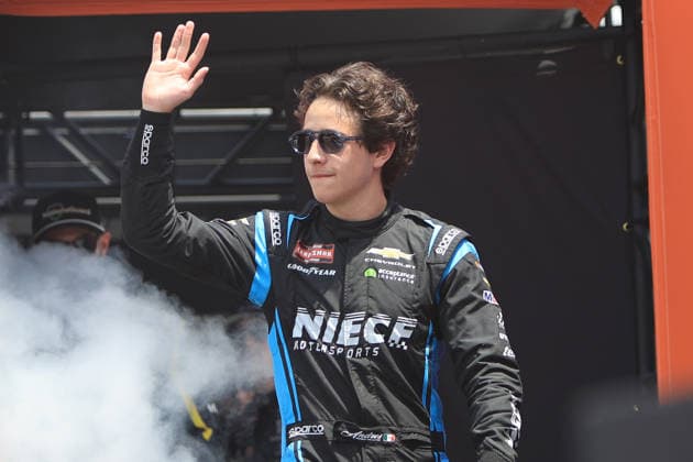 NORTH WILKESBORO, NC - JULY 18: Andres Perez De Lara ( 44 Niece Motorsports BLAC Go Kart Mania Academy Chevrolet) waves to the fans prior to the running of the NASCAR, Motorsport, USA Craftsman Truck Series FaithFest 250 on July 18, 2026 at North Wilkesboro Speedway in North Wilkesboro, NC. (Photo by Jeff Robinson Icon Sportswire) AUTO: JUL 18 NASCAR CRAFTSMAN Truck Series Faith Fest 250 EDITORIAL USE ONLY Icon26071824009250