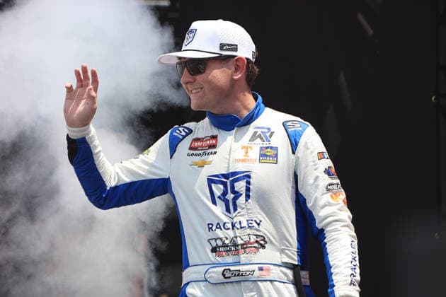 NORTH WILKESBORO, NC - JULY 18: Dawson Sutton ( 26 Rackley W.A.R Rackley Roofing Chevrolet) waves to the fans prior to the running of the NASCAR, Motorsport, USA Craftsman Truck Series FaithFest 250 on July 18, 2026 at North Wilkesboro Speedway in North Wilkesboro, NC. (Photo by Jeff Robinson Icon Sportswire) AUTO: JUL 18 NASCAR CRAFTSMAN Truck Series Faith Fest 250 EDITORIAL USE ONLY Icon26071824082250