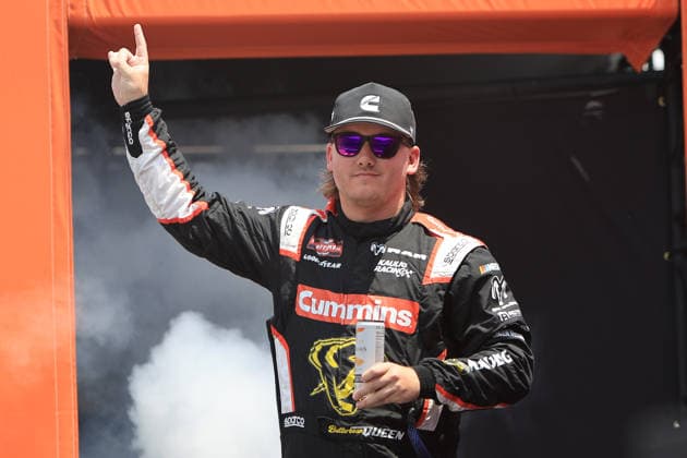 NORTH WILKESBORO, NC - JULY 18: Brenden Queen ( 12 Kaulig Racing Cummins RAM) waves to the fans prior to the running of the NASCAR, Motorsport, USA Craftsman Truck Series FaithFest 250 on July 18, 2026 at North Wilkesboro Speedway in North Wilkesboro, NC. (Photo by Jeff Robinson Icon Sportswire) AUTO: JUL 18 NASCAR CRAFTSMAN Truck Series Faith Fest 250 EDITORIAL USE ONLY Icon26071823945250