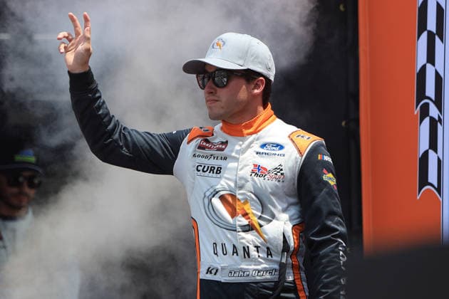 NORTH WILKESBORO, NC - JULY 18: Jake Garcia ( 98 ThorSport Racing Quanta Curb Records ) waves to the fans prior to the running of the NASCAR, Motorsport, USA Craftsman Truck Series FaithFest 250 on July 18, 2026 at North Wilkesboro Speedway in North Wilkesboro, NC. (Photo by Jeff Robinson Icon Sportswire) AUTO: JUL 18 NASCAR CRAFTSMAN Truck Series Faith Fest 250 EDITORIAL USE ONLY Icon26071824135250