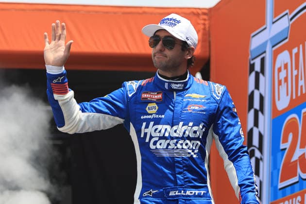 NORTH WILKESBORO, NC - JULY 18: Chase Elliott ( 7 Spire Motorsports HendrickCars.com Chevrolet) waves to the fans prior to the running of the NASCAR, Motorsport, USA Craftsman Truck Series FaithFest 250 on July 18, 2026 at North Wilkesboro Speedway in North Wilkesboro, NC. (Photo by Jeff Robinson Icon Sportswire) AUTO: JUL 18 NASCAR CRAFTSMAN Truck Series Faith Fest 250 EDITORIAL USE ONLY Icon26071824369250