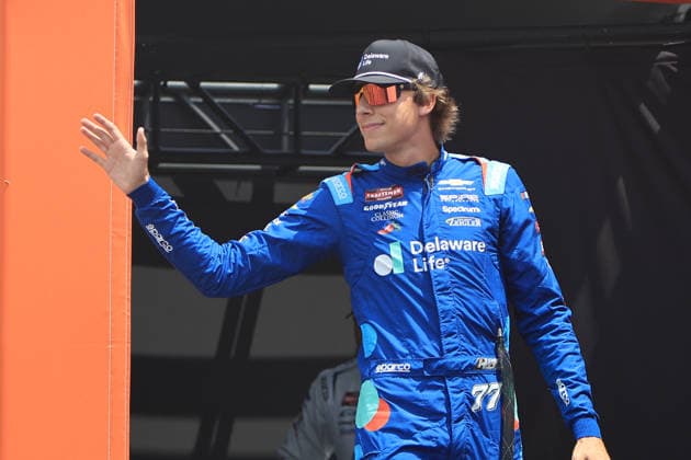 NORTH WILKESBORO, NC - JULY 18: Carson Hocevar ( 77 Spire Motorsports Delaware Life Chevrolet) waves to the fans prior to the running of the NASCAR, Motorsport, USA Craftsman Truck Series FaithFest 250 on July 18, 2026 at North Wilkesboro Speedway in North Wilkesboro, NC. (Photo by Jeff Robinson Icon Sportswire) AUTO: JUL 18 NASCAR CRAFTSMAN Truck Series Faith Fest 250 EDITORIAL USE ONLY Icon26071824491250