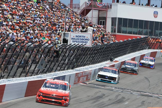 NORTH WILKESBORO, NC - JULY 18: Nathan Nicholson ( 76 Freedom Racing Enterprises Freedom Warranty Whelen Engineering Chevrolet) races down the frontstretch during the running of the NASCAR, Motorsport, USA Craftsman Truck Series FaithFest 250 on July 18, 2026 at North Wilkesboro Speedway in North Wilkesboro, NC. (Photo by Jeff Robinson Icon Sportswire) AUTO: JUL 18 NASCAR CRAFTSMAN Truck Series Faith Fest 250 EDITORIAL USE ONLY Icon26071824937250