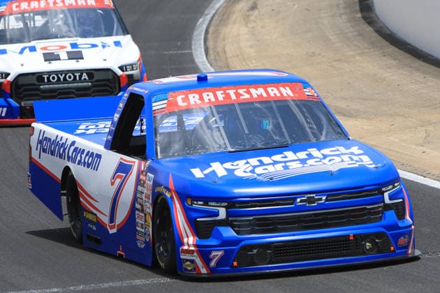 NORTH WILKESBORO, NC - JULY 18: Chase Elliott ( 7 Spire Motorsports HendrickCars.com Chevrolet) races into turn 1 during the running of the NASCAR, Motorsport, USA Craftsman Truck Series FaithFest 250 on July 18, 2026 at North Wilkesboro Speedway in North Wilkesboro, NC. (Photo by Jeff Robinson Icon Sportswire) AUTO: JUL 18 NASCAR CRAFTSMAN Truck Series Faith Fest 250 EDITORIAL USE ONLY Icon26071824953250