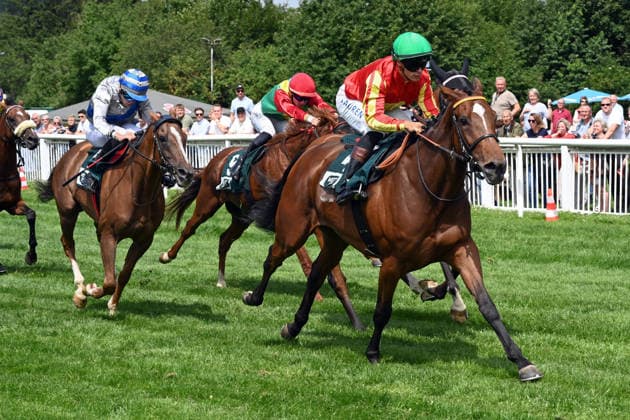 18.07.2026, Bad Harzburg, Niedersachsen, GER - Nauplia mit Thore Hammer-Hansen gewinnt. Galopprennbahn Bad Harzburg, Weisser Stein. (Pferd, Jockey, Nauplia, Hammer-Hansen, Sieg, Ziel, Zielankunft) 260718FS971BAD_HARZBURG.JPG *** July 18, 2026, Bad Harzburg, Lower Saxony, GER Nauplia with Thore Hammer Hansen wins at the Bad Harzburg Racetrack, Weisser Stein Horse, Jockey, Nauplia, Hammer Hansen, Victory, Finish Line, Finish 260718FS971BAD HARZBURG JPG