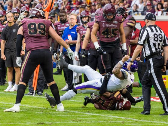 5 Nazir Streater (Strong Saftey) Rhein Fire tackle 3 Ben Holmes (Quarterback) Vienna Vikings Rhein Fire vs Vienna Vikings, American Football, American Football League Europe, Week 9, 2026, 18.07.2026, Duisburg Schauinsland-Reisen-Arena Germany Copyright: xFootxBowl ChristopherxMettkenx