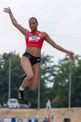LEVERKUSEN, GERMANY - JULY 18, 2026 : Edna Eze (GER TSV Bayer o4 Leverkusen) competing in the long jump during the Para Heimspiel 7.0 at Fritz Jacobi Sports Complex on July 18, 2026 in Leverkusen, Germany. Northrhine-Westphalia Germany Copyright: xAxelxKohringx