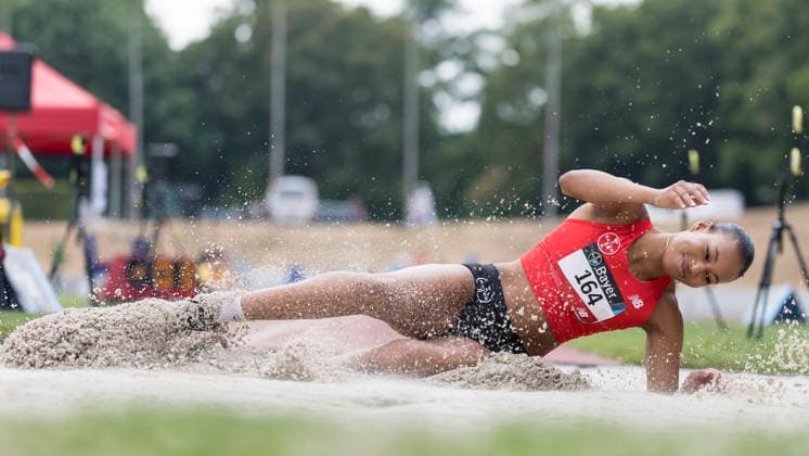 LEVERKUSEN, GERMANY - JULY 18, 2026 : Edna Eze (GER TSV Bayer o4 Leverkusen) competing in the long jump during the Para Heimspiel 7.0 at Fritz Jacobi Sports Complex on July 18, 2026 in Leverkusen, Germany. Northrhine-Westphalia Germany Copyright: xAxelxKohringx