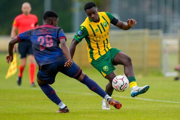 ROOSENDAAL , 18-07-2026 , Sportpark Hulsdonk , season 2026 2027 , Dutch Vrienden Loterij Eredivisie , Pre season match between KV Mechelen and ADO Den Haag picture shows KV Mechelen player Bill Antonio and ADO Den Haag player Sekou Sylla KV Mechelen - ADO Den Haag (friendly)  x205093840x Copyright: