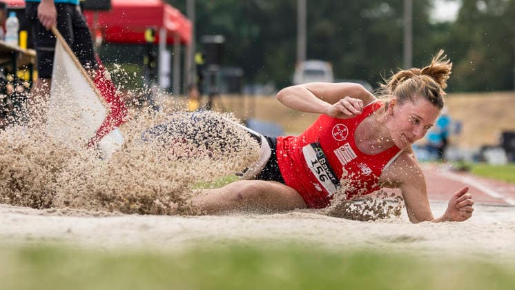 LEVERKUSEN, GERMANY - JULY 18, 2026 : Elena Kratter (SUI TSV Bayer 04 Leverkusen) competing in the long jump during the Para Heimspiel 7.0 at Fritz Jacobi Sports Complex on July 18, 2026 in Leverkusen, Germany. Northrhine-Westphalia Germany Copyright: xAxelxKohringx