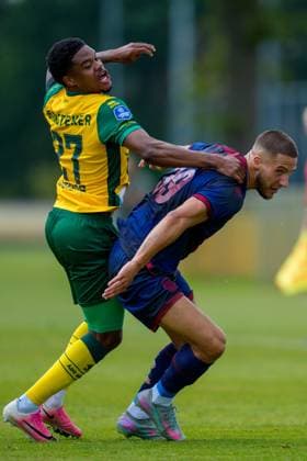 ROOSENDAAL , 18-07-2026 , Sportpark Hulsdonk , season 2026 2027 , Dutch Vrienden Loterij Eredivisie , Pre season match between KV Mechelen and ADO Den Haag picture shows ADO Den Haag player Nigel Thomas and KV Mechelen player Massimo Decoene KV Mechelen - ADO Den Haag (friendly)  x205093926x Copyright: