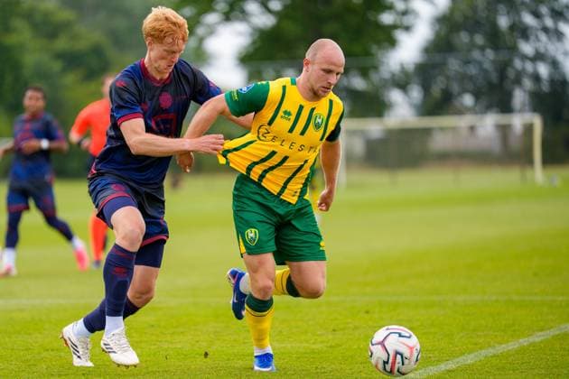 ROOSENDAAL , 18-07-2026 , Sportpark Hulsdonk , season 2026 2027 , Dutch Vrienden Loterij Eredivisie , Pre season match between KV Mechelen and ADO Den Haag picture shows ADO Den Haag player Evan Rottier and KV Mechelen player Kobe Corbanie KV Mechelen - ADO Den Haag (friendly)  x205094000x Copyright:
