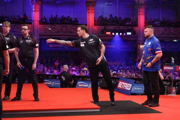 World Matchplay Darts 2026 Luke Woodhouse during the 2026 World Matchplay darts at Winter Gardens, Blackpool, UK on 18 July 2026. Blackpool Winter Gardens UK Editorial use only , Copyright: xChrisxSargeantx PSI-24525-0011