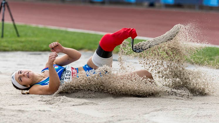 LEVERKUSEN, GERMANY - JULY 18, 2026 : Ambra Sabatini (ITA Italien) competes in the long jump during the Para Heimspiel 7.0 at Fritz Jacobi Sports Complex on July 18, 2026 in Leverkusen, Germany. Northrhine-Westphalia Germany Copyright: xAxelxKohringx