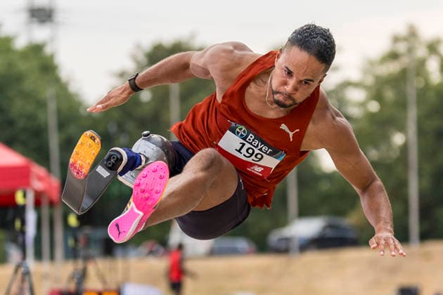 LEVERKUSEN, GERMANY - JULY 18, 2026 : Noah Mbuyamba (NED AV Unitas Sittard) competes in the long jump during the Para Heimspiel 7.0 at Fritz Jacobi Sports Complex on July 18, 2026 in Leverkusen, Germany. Northrhine-Westphalia Germany Copyright: xAxelxKohringx