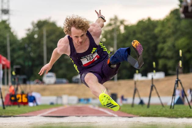 LEVERKUSEN, GERMANY - JULY 18, 2026 : Joel De Jong (NED Niederlande 2) competes in the long jump during the Para Heimspiel 7.0 at Fritz Jacobi Sports Complex on July 18, 2026 in Leverkusen, Germany. Northrhine-Westphalia Germany Copyright: xAxelxKohringx