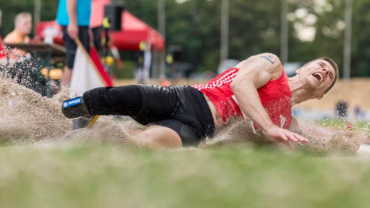 LEVERKUSEN, GERMANY - JULY 18, 2026 : Markus Rehm (GER TSV Bayer o4 Leverkusen) competing in the long jump during the Para Heimspiel 7.0 at Fritz Jacobi Sports Complex on July 18, 2026 in Leverkusen, Germany. Northrhine-Westphalia Germany Copyright: xAxelxKohringx