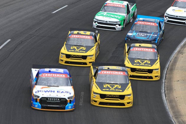 NORTH WILKESBORO, NC - JULY 18: Mini Tyrrell ( 14 Kaulig Racing RAM) races with Justin Haley ( 16 Kaulig Racing RAM) and Ryan Newman ( 25 Kaulig Racing RAM) during the running of the NASCAR, Motorsport, USA Craftsman Truck Series FaithFest 250 on July 18, 2026 at North Wilkesboro Speedway in North Wilkesboro, NC. (Photo by Jeff Robinson Icon Sportswire) AUTO: JUL 18 NASCAR CRAFTSMAN Truck Series Faith Fest 250 EDITORIAL USE ONLY Icon26071825119250