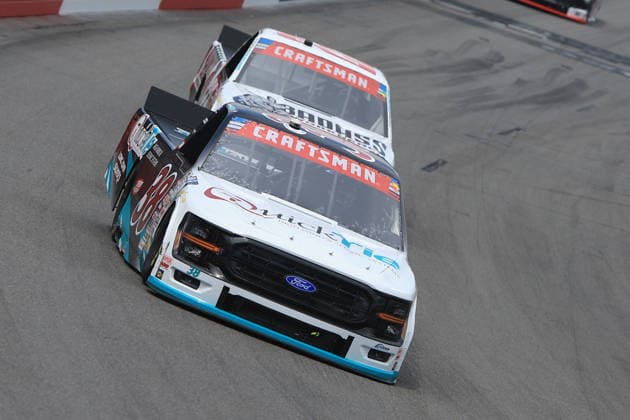 NORTH WILKESBORO, NC - JULY 18: Chandler Smith ( 38 Front Row Motorsports QuickTie Ford) drives into turn 1 during the NASCAR, Motorsport, USA Craftsman Truck Series FaithFest 250 on July 18, 2026 at North Wilkesboro Speedway in North Wilkesboro, NC. (Photo by Jeff Robinson Icon Sportswire) AUTO: JUL 18 NASCAR CRAFTSMAN Truck Series Faith Fest 250 EDITORIAL USE ONLY Icon26071825555250