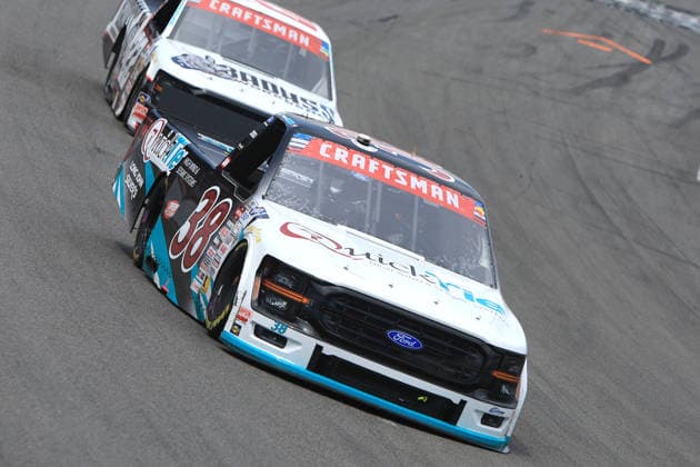NORTH WILKESBORO, NC - JULY 18: Chandler Smith ( 38 Front Row Motorsports QuickTie Ford) drives into turn 1 during the NASCAR, Motorsport, USA Craftsman Truck Series FaithFest 250 on July 18, 2026 at North Wilkesboro Speedway in North Wilkesboro, NC. (Photo by Jeff Robinson Icon Sportswire) AUTO: JUL 18 NASCAR CRAFTSMAN Truck Series Faith Fest 250 EDITORIAL USE ONLY Icon26071825558250