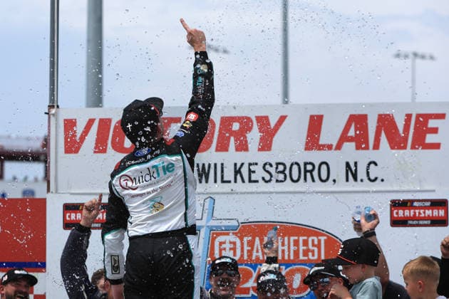 NORTH WILKESBORO, NC - JULY 18: Chandler Smith ( 38 Front Row Motorsports QuickTie Ford) celebrates after winning the NASCAR, Motorsport, USA Craftsman Truck Series FaithFest 250 on July 18, 2026 at North Wilkesboro Speedway in North Wilkesboro, NC. (Photo by Jeff Robinson Icon Sportswire) AUTO: JUL 18 NASCAR CRAFTSMAN Truck Series Faith Fest 250 EDITORIAL USE ONLY Icon26071826194250