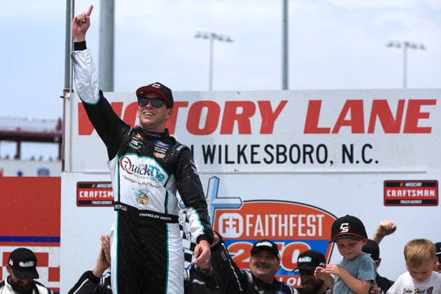 NORTH WILKESBORO, NC - JULY 18: Chandler Smith ( 38 Front Row Motorsports QuickTie Ford) celebrates after winning the NASCAR, Motorsport, USA Craftsman Truck Series FaithFest 250 on July 18, 2026 at North Wilkesboro Speedway in North Wilkesboro, NC. (Photo by Jeff Robinson Icon Sportswire) AUTO: JUL 18 NASCAR CRAFTSMAN Truck Series Faith Fest 250 EDITORIAL USE ONLY Icon26071826224250