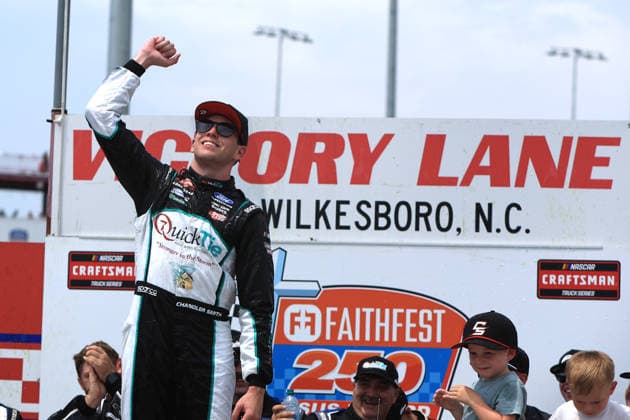 NORTH WILKESBORO, NC - JULY 18: Chandler Smith ( 38 Front Row Motorsports QuickTie Ford) celebrates after winning the NASCAR, Motorsport, USA Craftsman Truck Series FaithFest 250 on July 18, 2026 at North Wilkesboro Speedway in North Wilkesboro, NC. (Photo by Jeff Robinson Icon Sportswire) AUTO: JUL 18 NASCAR CRAFTSMAN Truck Series Faith Fest 250 EDITORIAL USE ONLY Icon26071826233250