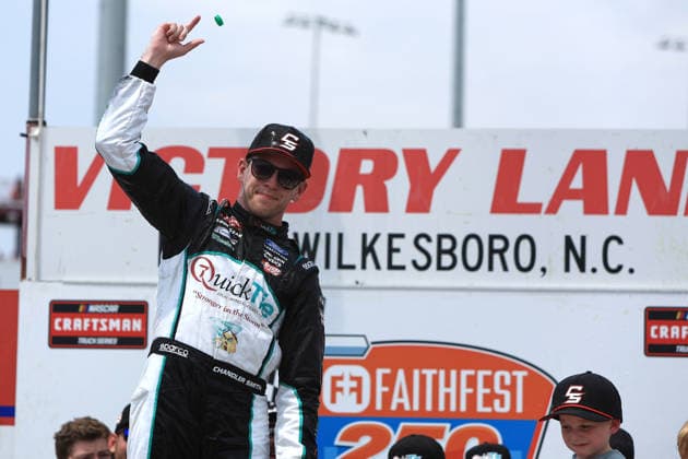 NORTH WILKESBORO, NC - JULY 18: Chandler Smith ( 38 Front Row Motorsports QuickTie Ford) celebrates after winning the NASCAR, Motorsport, USA Craftsman Truck Series FaithFest 250 on July 18, 2026 at North Wilkesboro Speedway in North Wilkesboro, NC. (Photo by Jeff Robinson Icon Sportswire) AUTO: JUL 18 NASCAR CRAFTSMAN Truck Series Faith Fest 250 EDITORIAL USE ONLY Icon26071826239250