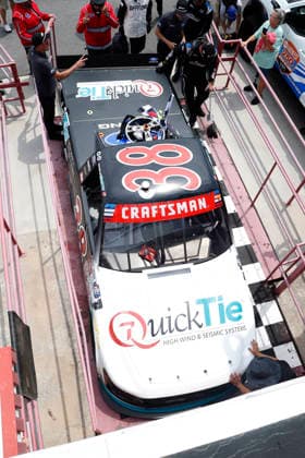 NORTH WILKESBORO, NC - JULY 18: Chandler Smith ( 38 Front Row Motorsports QuickTie Ford) celebrates after winning the NASCAR, Motorsport, USA Craftsman Truck Series FaithFest 250 on July 18, 2026 at North Wilkesboro Speedway in North Wilkesboro, NC. (Photo by Jeff Robinson Icon Sportswire) AUTO: JUL 18 NASCAR CRAFTSMAN Truck Series Faith Fest 250 EDITORIAL USE ONLY Icon26071826352250
