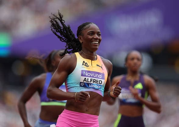 RECORD DATE NOT STATED 18th July 2026; London Stadium, London, England; 2026 Diamond League Novuna London Athletics Meet; Julien Alfred of Saint Lucia crossing the finishing line to win the Women& x2019;s 400m race JohnxPatrickxFletcher