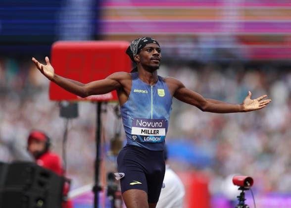 RECORD DATE NOT STATED 18th July 2026; London Stadium, London, England; 2026 Diamond League Novuna London Athletics Meet; Brandon Miller of United States celebrates winning the men& x2019;s 800m race JohnxPatrickxFletcher