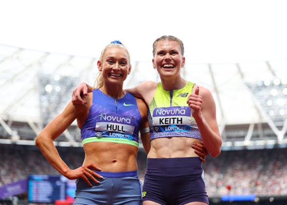 RECORD DATE NOT STATED 18th July 2026; London Stadium, London, England; 2026 Diamond League Novuna London Athletics Meet; Jessica Hull of Australia celebrates finishing 1st in the women& x2019;s 3000m race alongside Megan Keith of Great Britain who finished in 14th place JohnxPatrickxFletcher