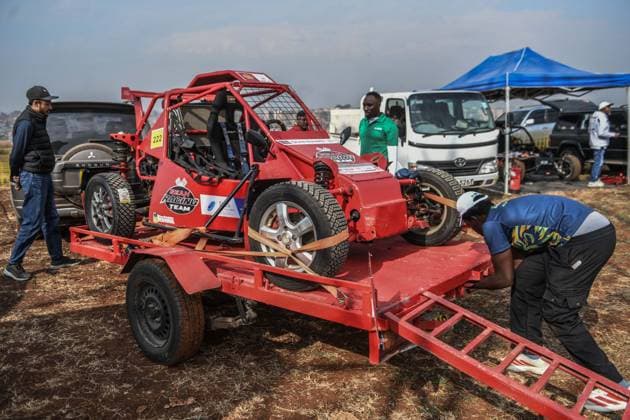 RX Fest rally championship in Kenya NAIROBI, KENYA - JULY 18: Crew members transport a race vehicle to the mixed-surface special track ahead of the RX Fest Rally Championship at Kasarani National Stadium in Nairobi, Kenya, on July 18, 2026. Gerald Anderson Anadolu Nairobi Kenya. Editorial use only. Please get in touch for any other usage.  Copyright: x2026xAnadoluxGeraldxAndersonx