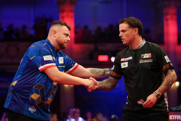 RECORD DATE NOT STATED 18th July 2026, Winter Gardens, Blackpool, Lancashire, England; 2026 Betfred World Matchplay Darts, Day One; Josh Rock and Luke Woodhouse shake hands following their game in which Josh Rock won AidanxHunter