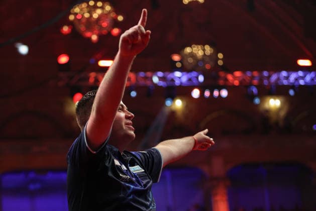 RECORD DATE NOT STATED 18th July 2026, Winter Gardens, Blackpool, Lancashire, England; 2026 Betfred World Matchplay Darts, Day One; Niels Zonneveld reacting with the fans during his walk on AidanxHunter
