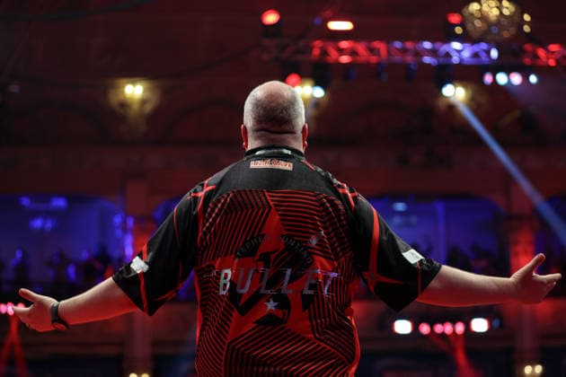 RECORD DATE NOT STATED 18th July 2026, Winter Gardens, Blackpool, Lancashire, England; 2026 Betfred World Matchplay Darts, Day One; Stephen Bunting during his walk on AidanxHunter