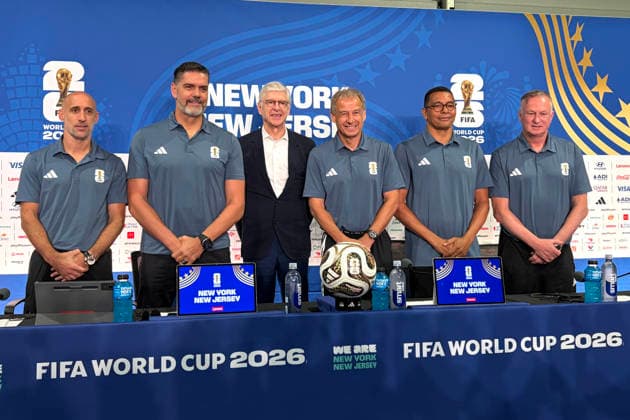 Pablo Zabaleta (L), member of the FIFA Technical Study Group; Pascal Zuberbühler (2-L), director of the FIFA Technical Study Group; Arsène Wenger (C-L), head of Global Football Development at FIFA; FIFA Technical Study Group member Jürgen Klinsmann (C-R); and FIFA Technical Study Group members Gilberto Silva (2-R) and Michael O’Neill (R) pose during a press conference, PK, Pressekonferenz in East Rutherford, USA, 18 July 2026. Wenger said he felt that the hydration breaks implemented in this World Cup did not affect the results, although they will need to analyze the matter more thoroughly once the tournament is over. Wenger, FIFA Director of Football: Hydration breaks did not change the results !ACHTUNG: NUR REDAKTIONELLE NUTZUNG!  Copyright: xJanxTéllezxAsensiox AME588 20260718-55020932413_1