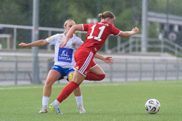 MUNICH, GERMANY - JULY 18: Celina Senftl (11 FC Bayern Munich II) and Hannah Fankhauser (19 First Vienna) during the pre-season friendly match between Bayern Munich II and First Vienna at FC Bayern Campus on July 18, 2026 in Munich, Germany (Photo by Sven Beyrich Sports Press Photo)  Copyright: xSvenxBeyrich SportsxPressxPhotox Sportspressphoto_SPR192753